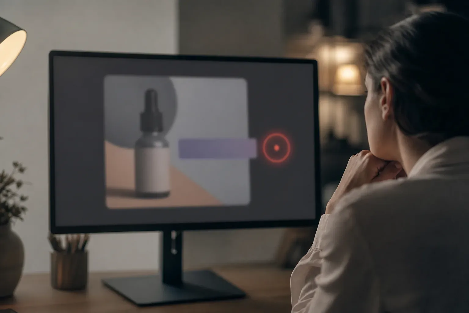 A person sits at a desk in a dimly lit room, viewing a monitor displaying a blurred product image with a glowing red indicator graphic