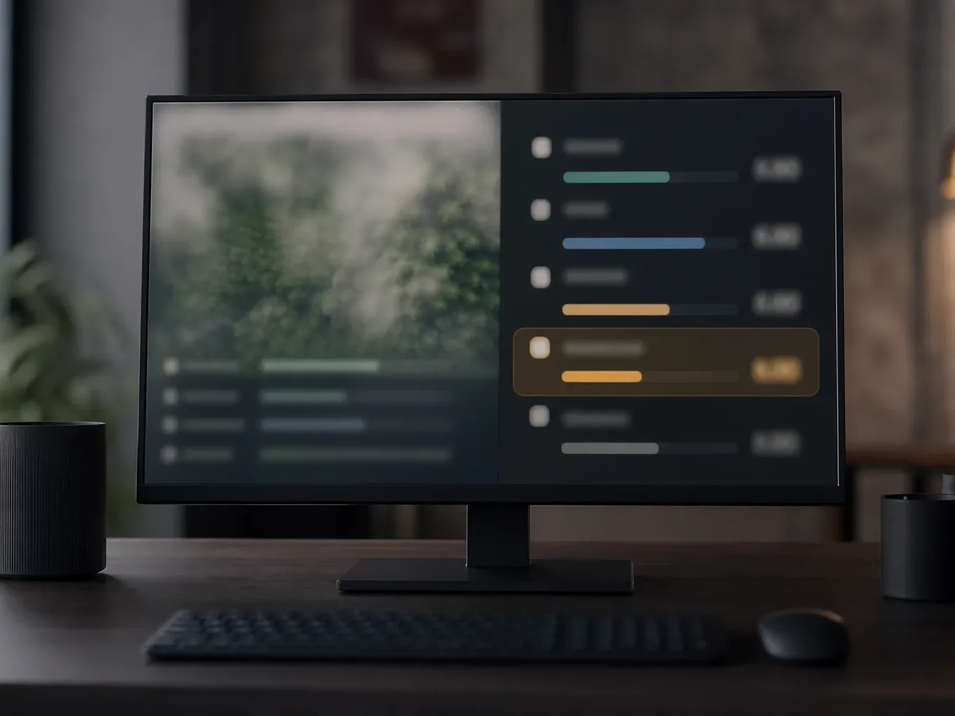 A monitor on a dark desk displays a blurred interface with a list of colour-coded rows, one highlighted in amber, beside a nature image on screen