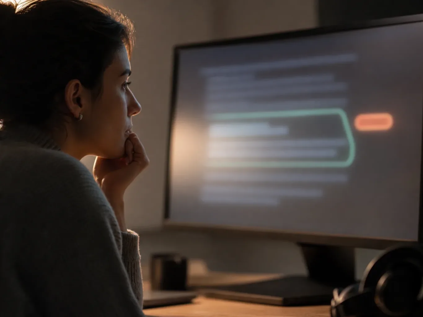A person sits at a desk in a dimly lit room, resting their chin on their hand whilst looking at a monitor displaying a blurred interface with coloured highlights