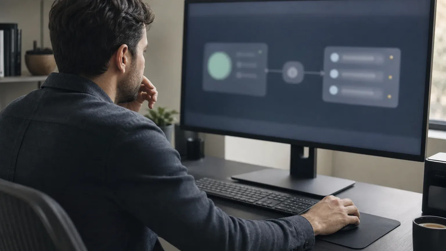 A person sits at a desk in a home office, viewed from behind, looking at a large monitor displaying a blurred workflow diagram, with a coffee cup at the desk edge