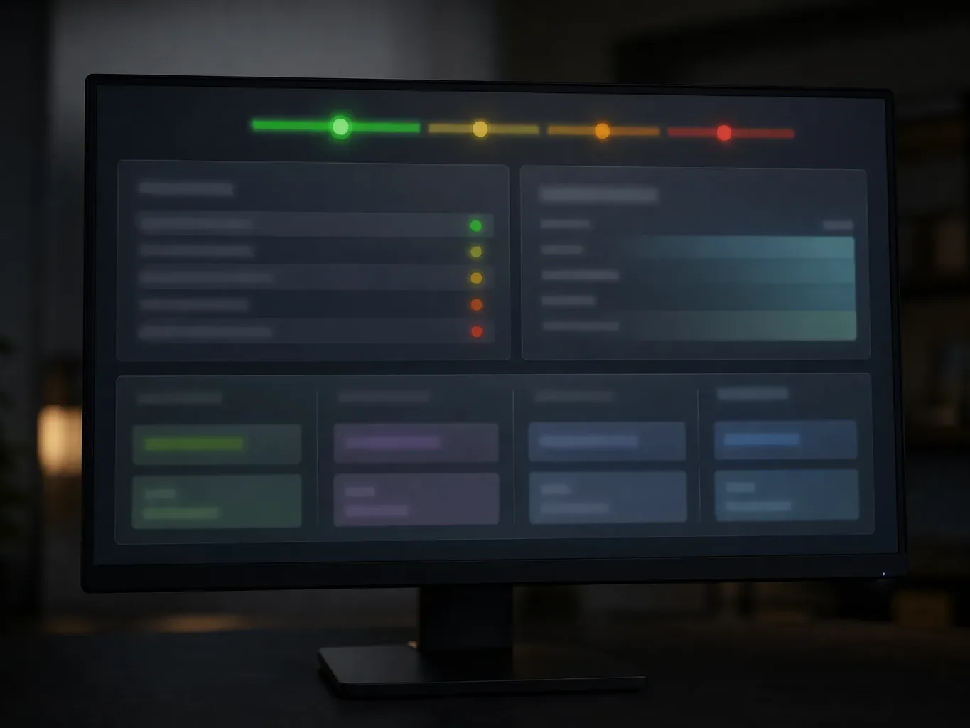 A monitor displaying a dark-themed dashboard with colour-coded status indicators along the top and blurred panel sections below, photographed in a dimly lit room