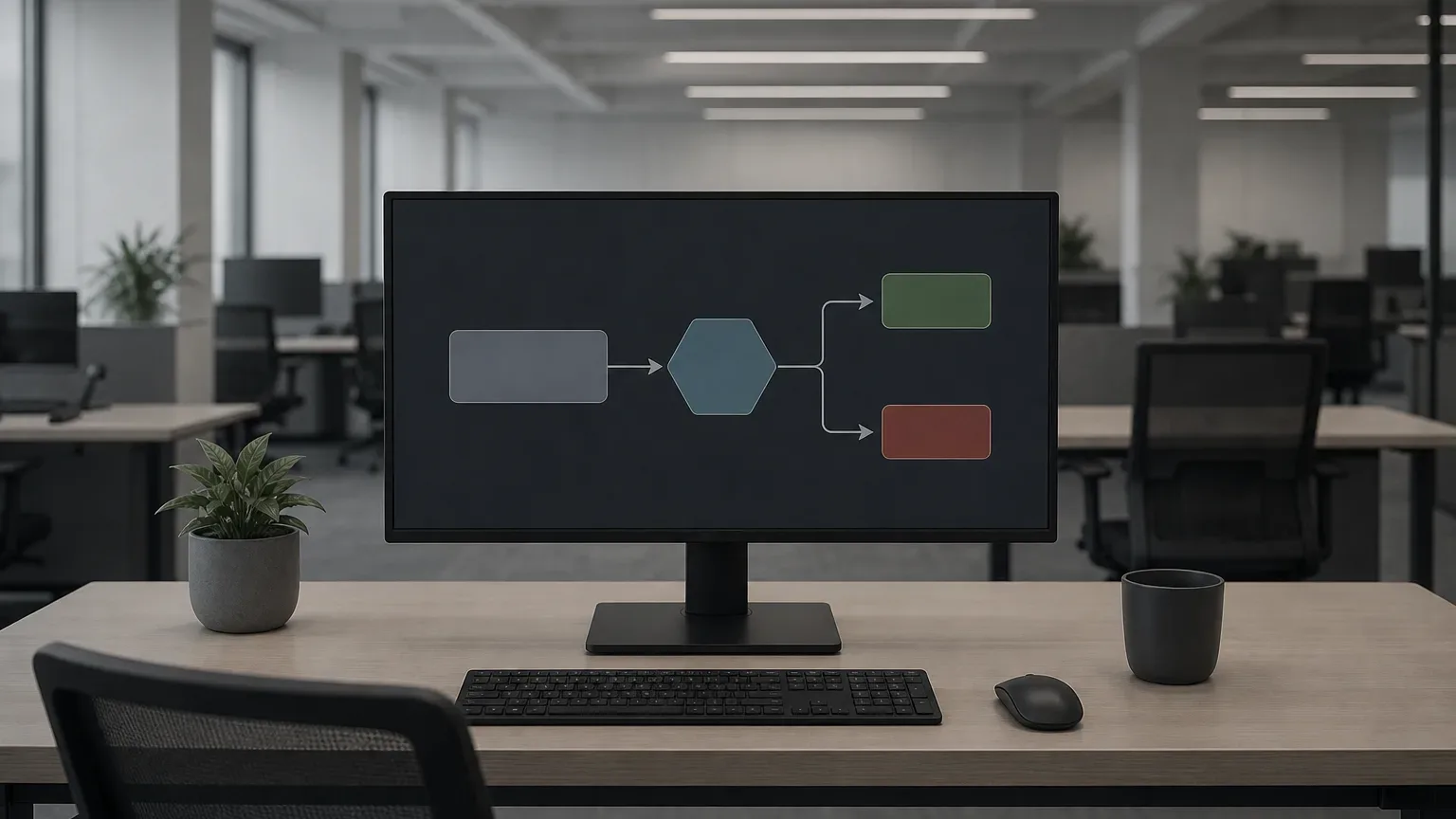 A monitor on an empty office desk displays a simple flowchart diagram with coloured shapes and arrows, surrounded by a keyboard, mouse, and small plant
