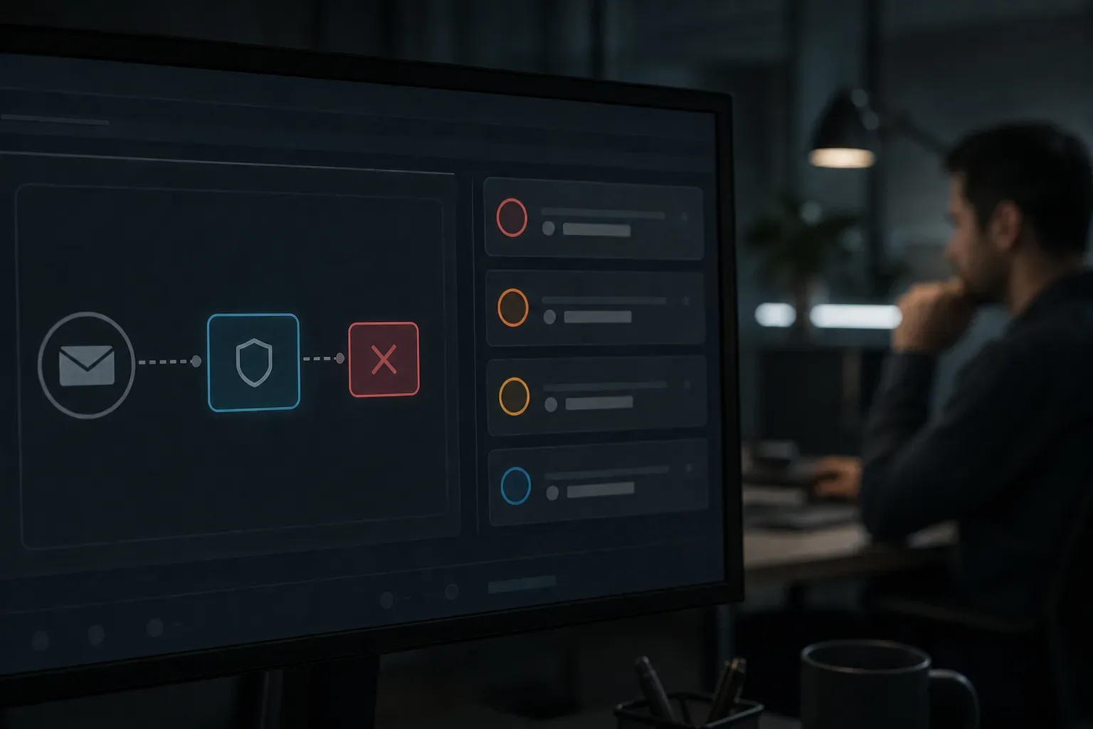 A monitor in the foreground displays a dark-themed interface showing a flow diagram with an email icon, a shield block, and a rejection symbol, while a person works at a desk in the background