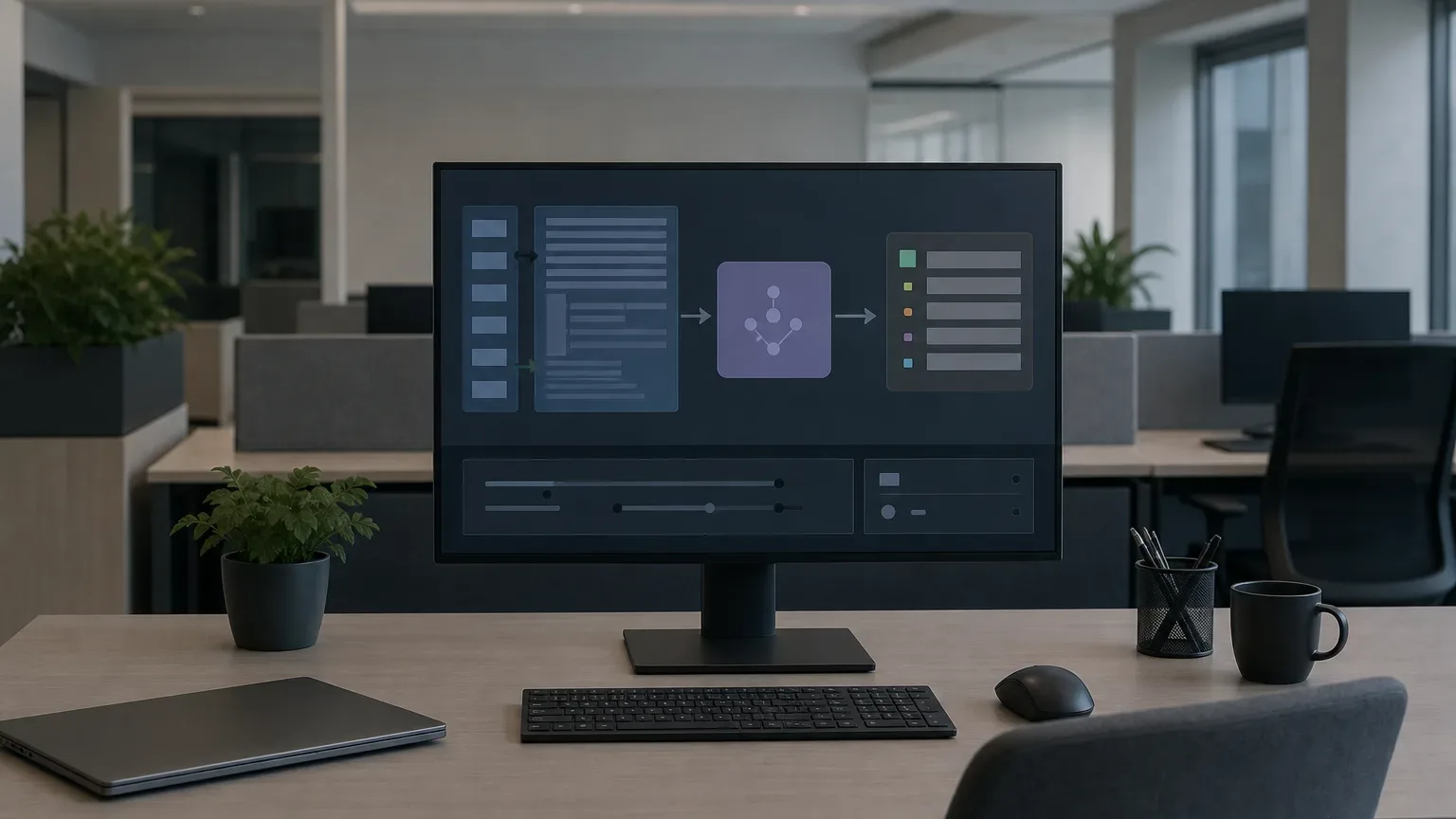 An empty open-plan office desk with a monitor displaying a dark-themed interface showing a structured data-flow diagram, beside a keyboard, mouse, plant and coffee cup