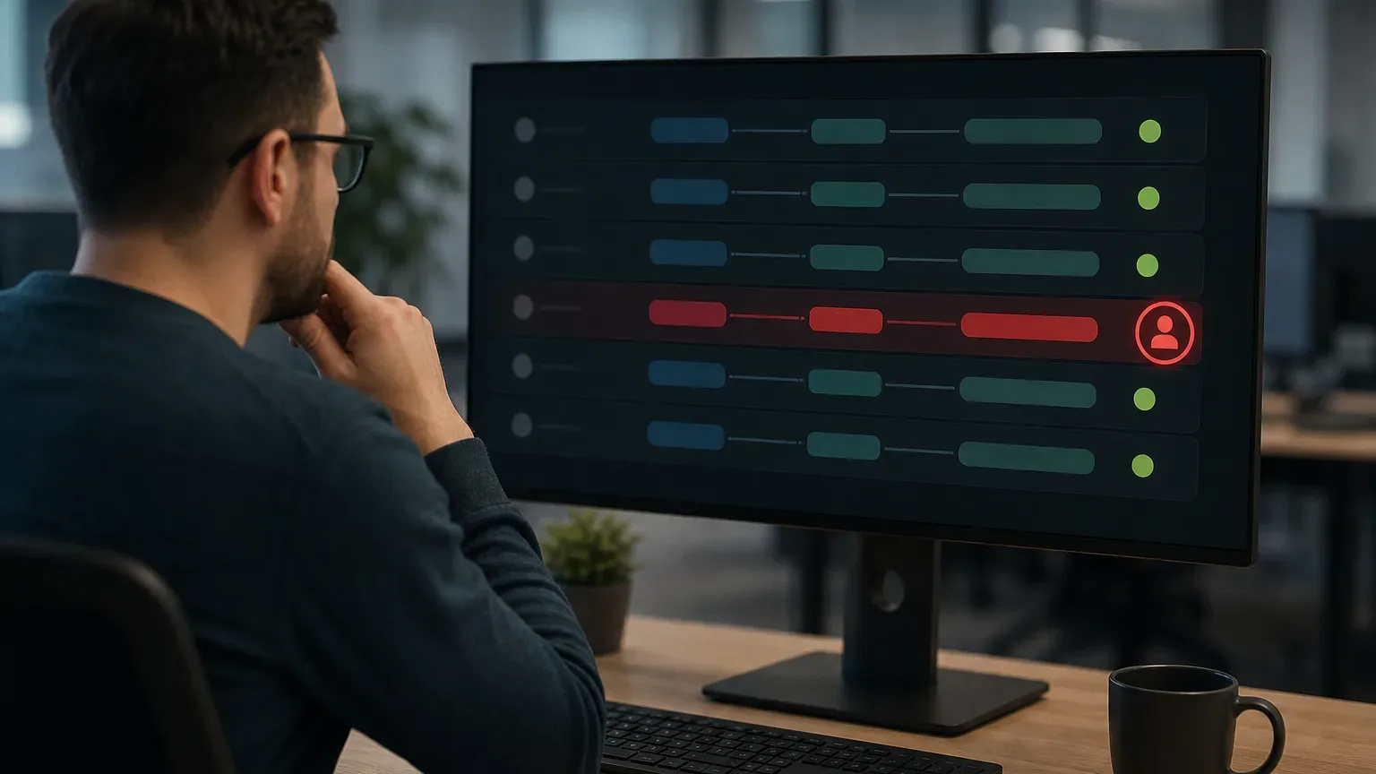 A person sits at a desk in an open-plan office, hand raised to chin, studying a dark monitor displaying a dashboard of colour-coded rows, one highlighted in red with a circular user icon