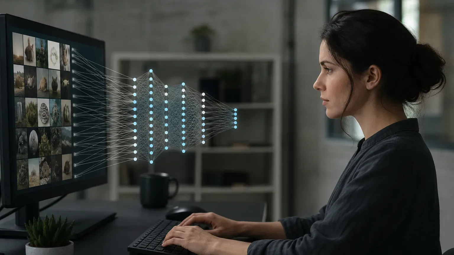A person sits at a desk typing on a keyboard, facing a monitor displaying a grid of animal images, with a glowing neural network diagram floating between the screen and the viewer