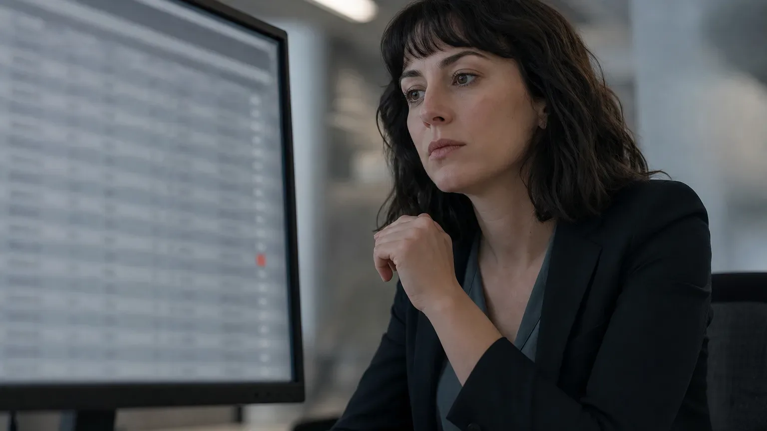 A person in a dark blazer sits at a desk, chin resting on one hand, gazing intently at a monitor displaying a blurred spreadsheet-style interface with a single red indicator visible