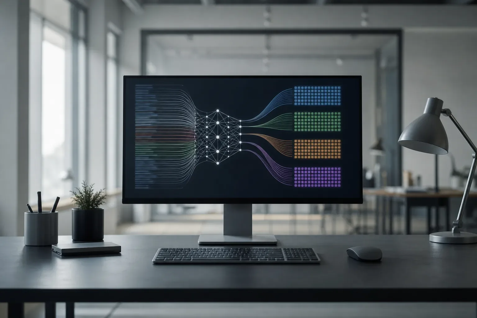 A monitor on a dark desk in an open-plan office displays a neural network diagram with coloured data streams flowing into four categorised dot-grid columns