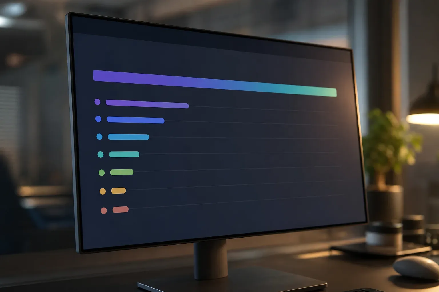 A monitor displaying a row of coloured horizontal bars of varying lengths against a dark background, with a longer gradient bar at the top, on a desk beside a plant and a lamp