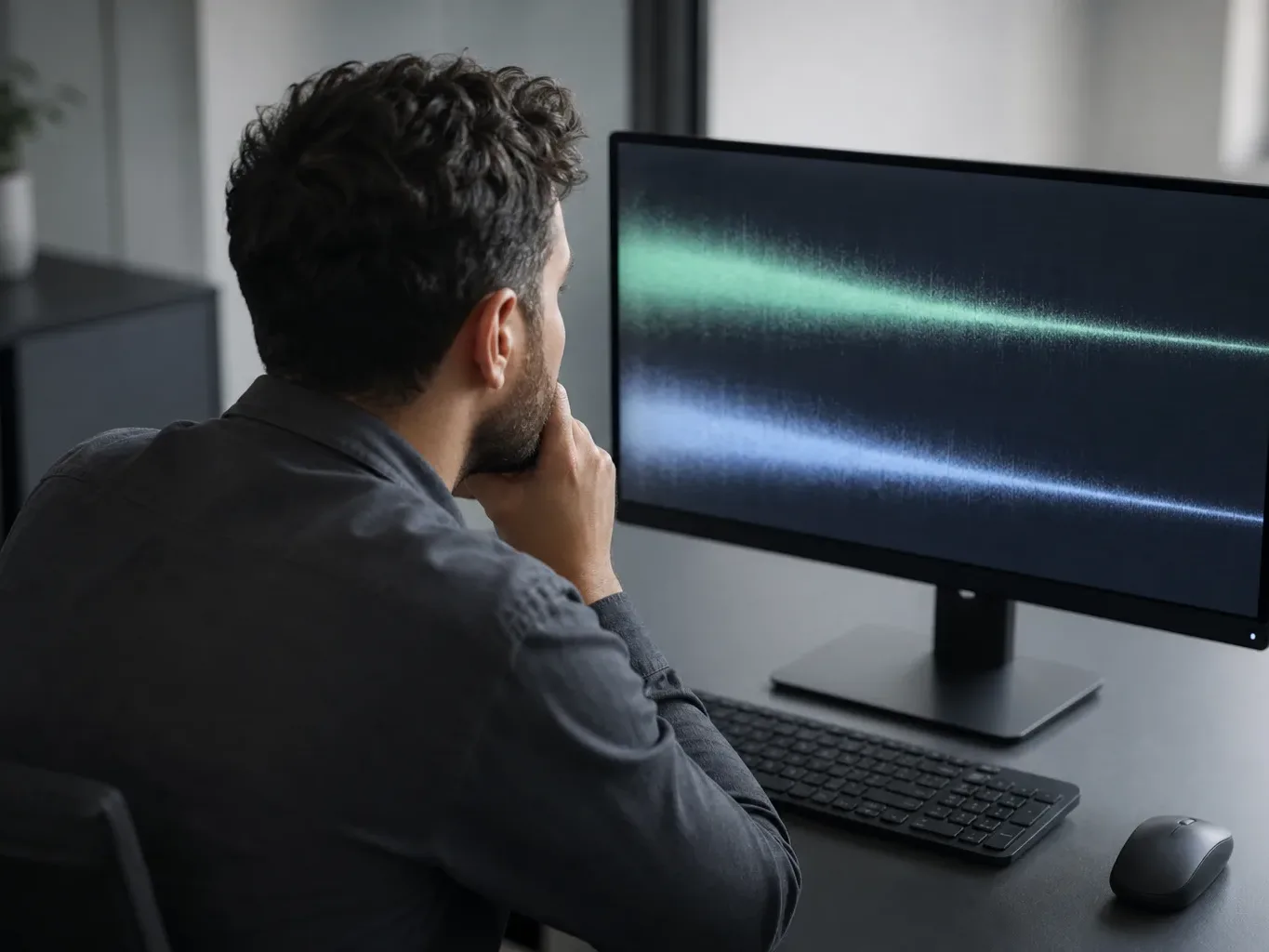 A person sits at a desk with chin resting on hand, studying a large monitor displaying abstract coloured waveform bands on a dark background