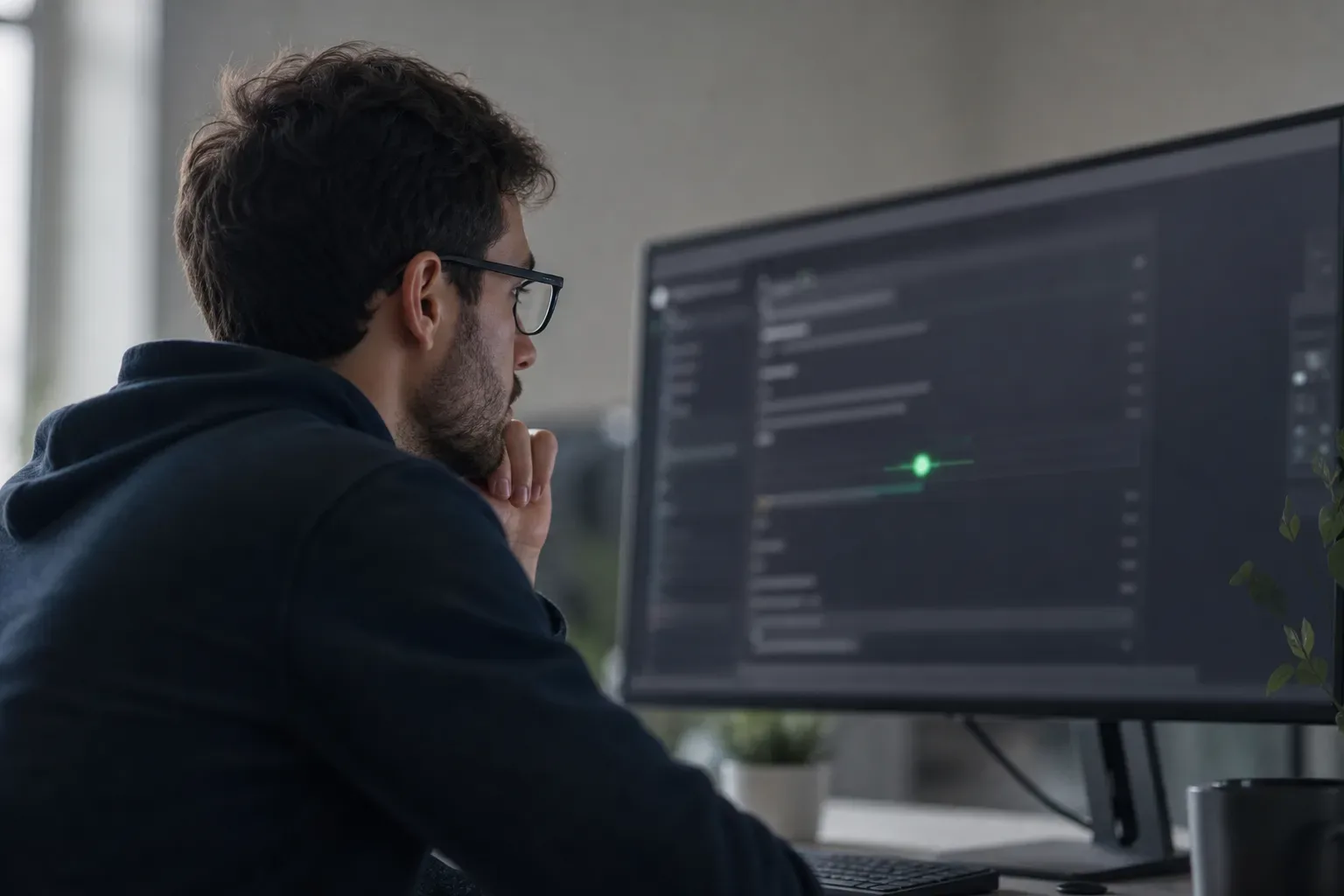 A person wearing glasses and a dark hoodie sits at a desk, chin resting on hand, studying a large monitor displaying a dark-themed interface with a glowing green indicator