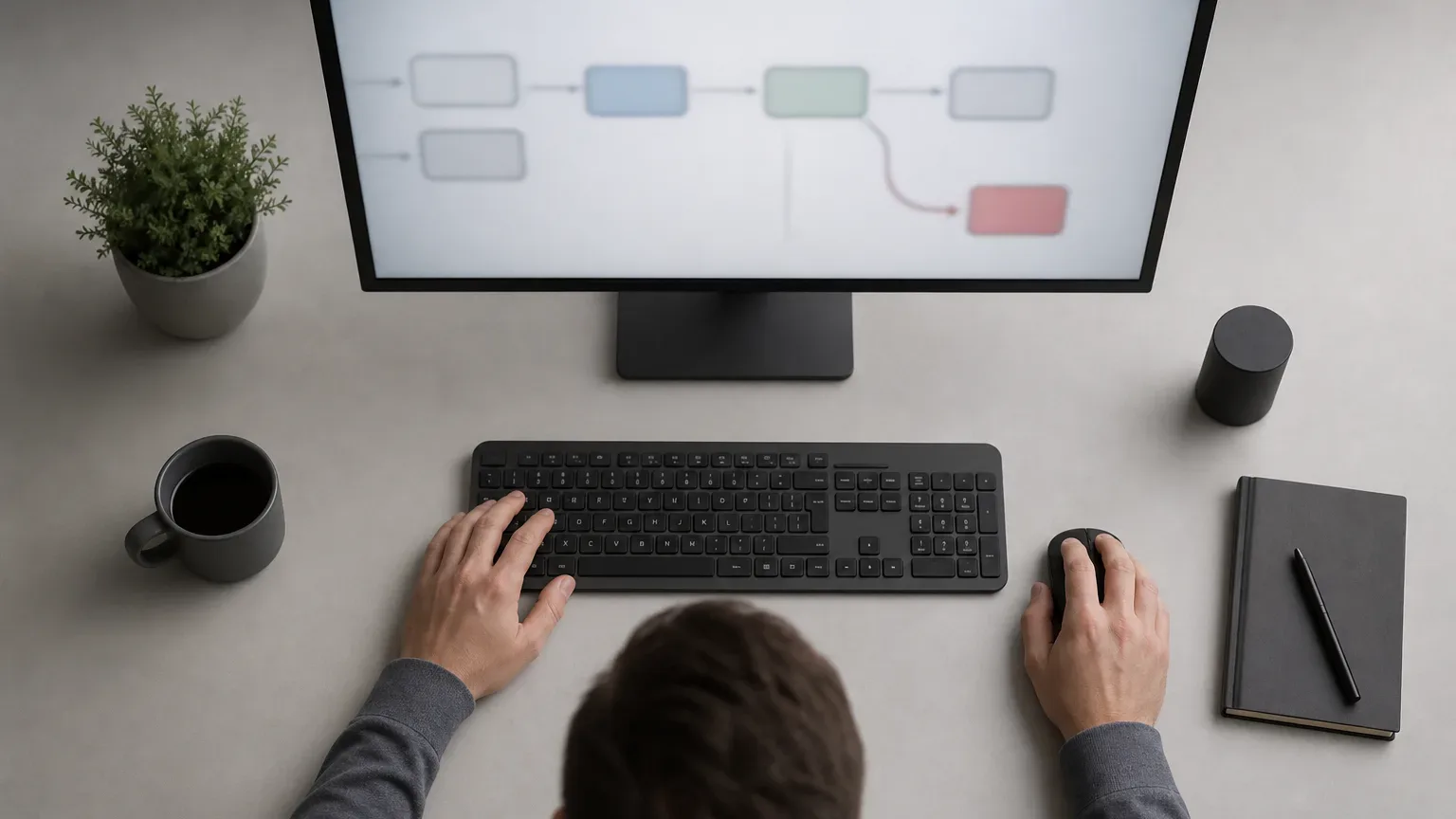 A person viewed from above works at a desk with a keyboard and mouse, a monitor displaying a blurred flow diagram with coloured blocks, beside a coffee cup, notebook and small plant