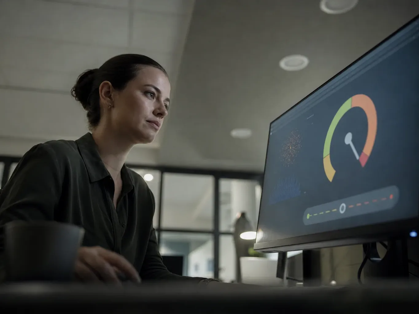 A person at a desk looks towards a large monitor displaying a colour-coded gauge graphic and a slider interface, in a dimly lit open-plan office