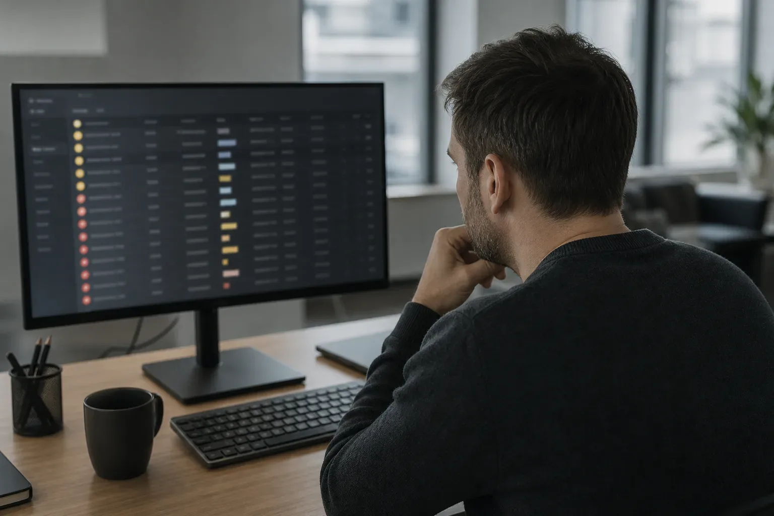 A person sits at a desk in an office, resting their chin on their hand as they study a dark-themed data interface on a large monitor