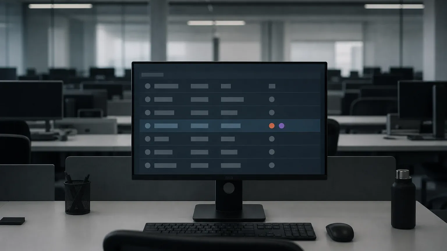 An empty open-plan office workstation with a monitor displaying a dark-themed list interface, one row highlighted with two coloured dot indicators beside it