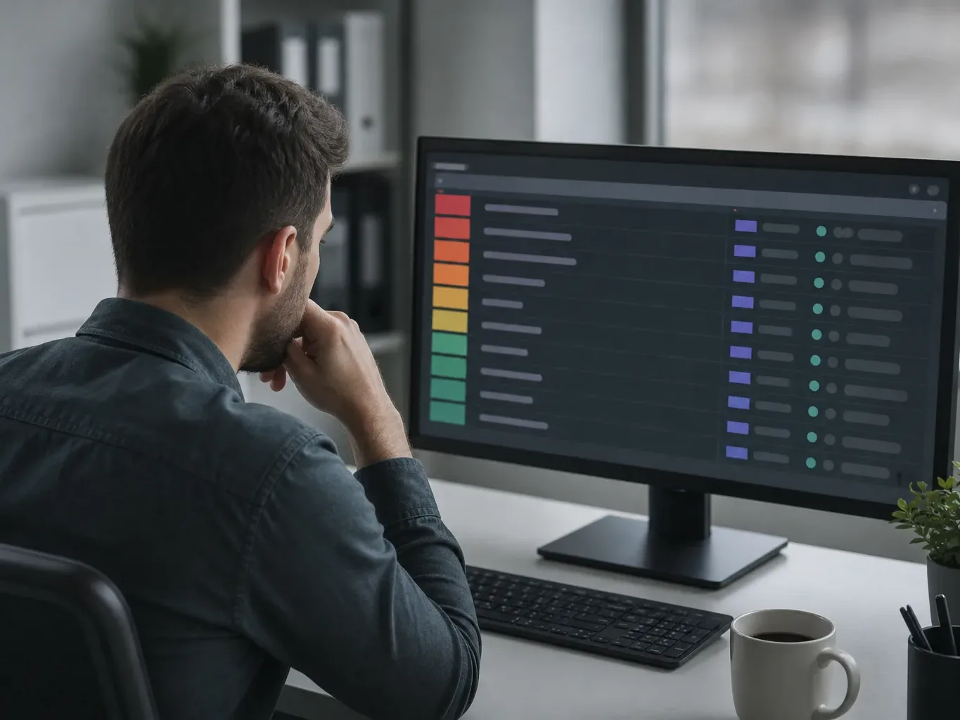 A person sits at a desk in an office, resting their chin on their hand and studying a large monitor displaying a dark-themed interface with colour-coded rows and data columns