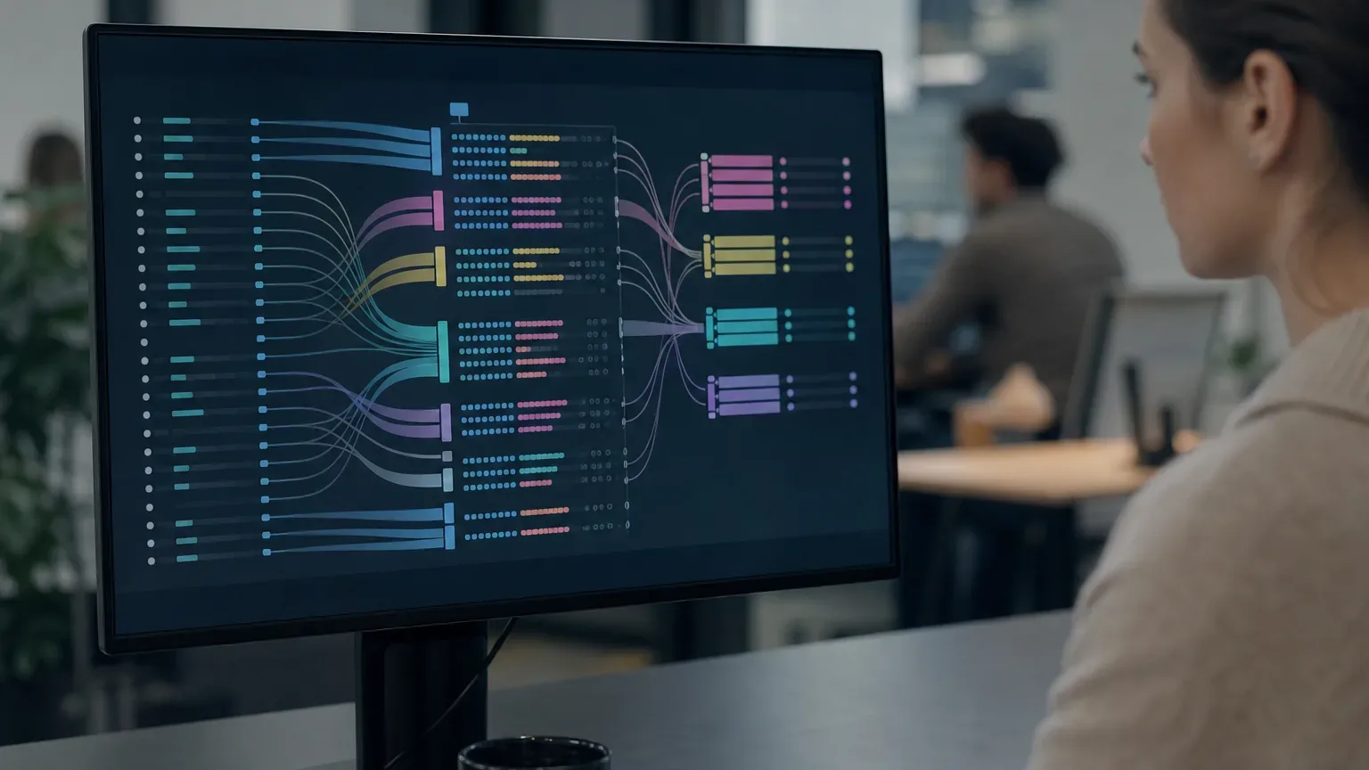 A person sits at a desk in an open-plan office viewing a large monitor displaying a colourful data pipeline diagram with interconnected nodes and flows