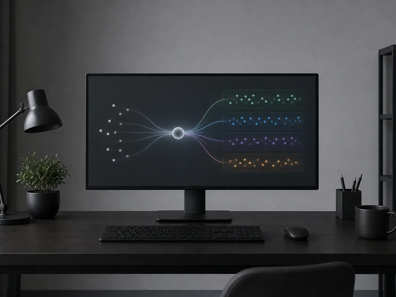 A dark desk setup with a monitor displaying a glowing node-and-line visualisation branching into four colour-coded rows of dots, beside a lamp, plant, keyboard, mouse, pencil holder and mug
