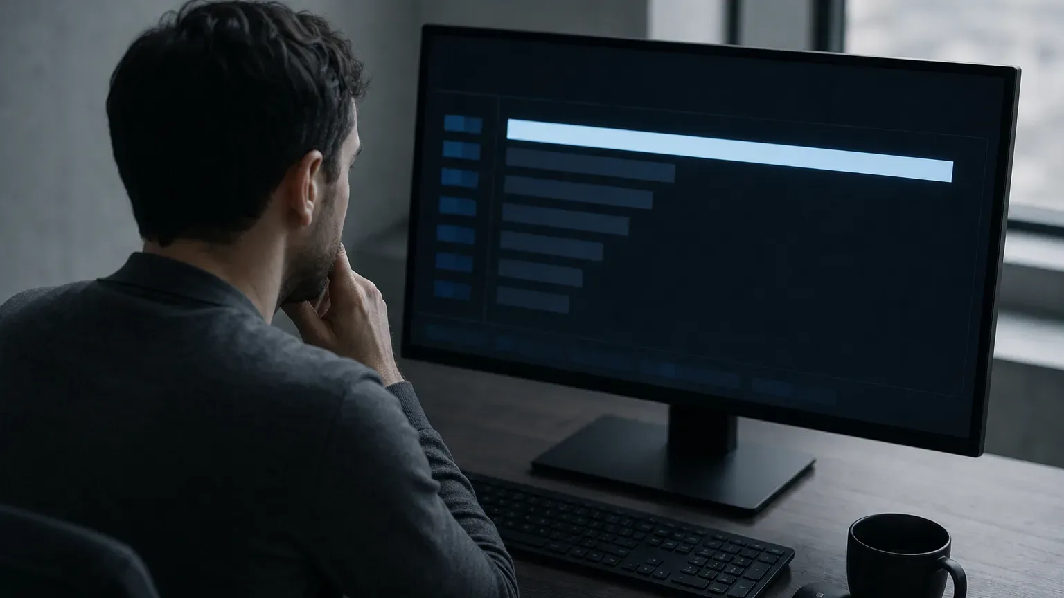 A person sits at a desk in a darkened room, hand raised to their chin, studying a monitor displaying a horizontal bar chart