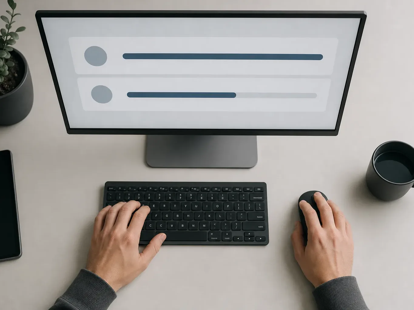 A person uses a keyboard and mouse at a desk beside a plant and a mug, with a monitor showing two rows each containing a circle and a horizontal bar of differing lengths