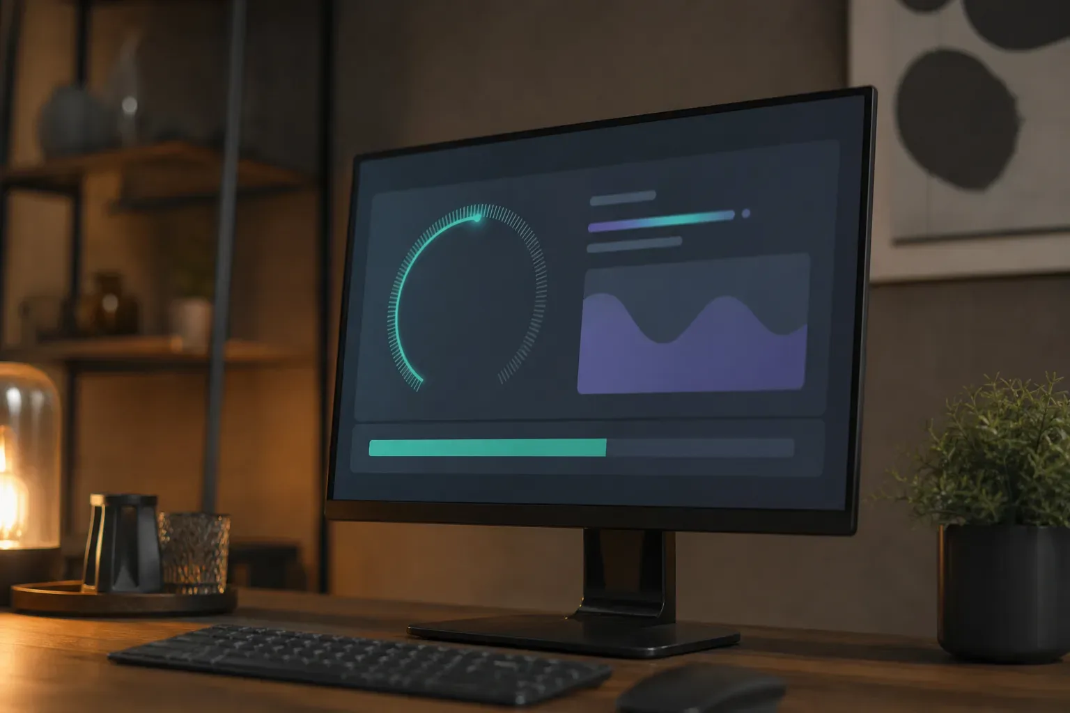 A monitor on a wooden desk displays a dark dashboard with a circular gauge graphic and a purple area chart, lit by warm ambient light
