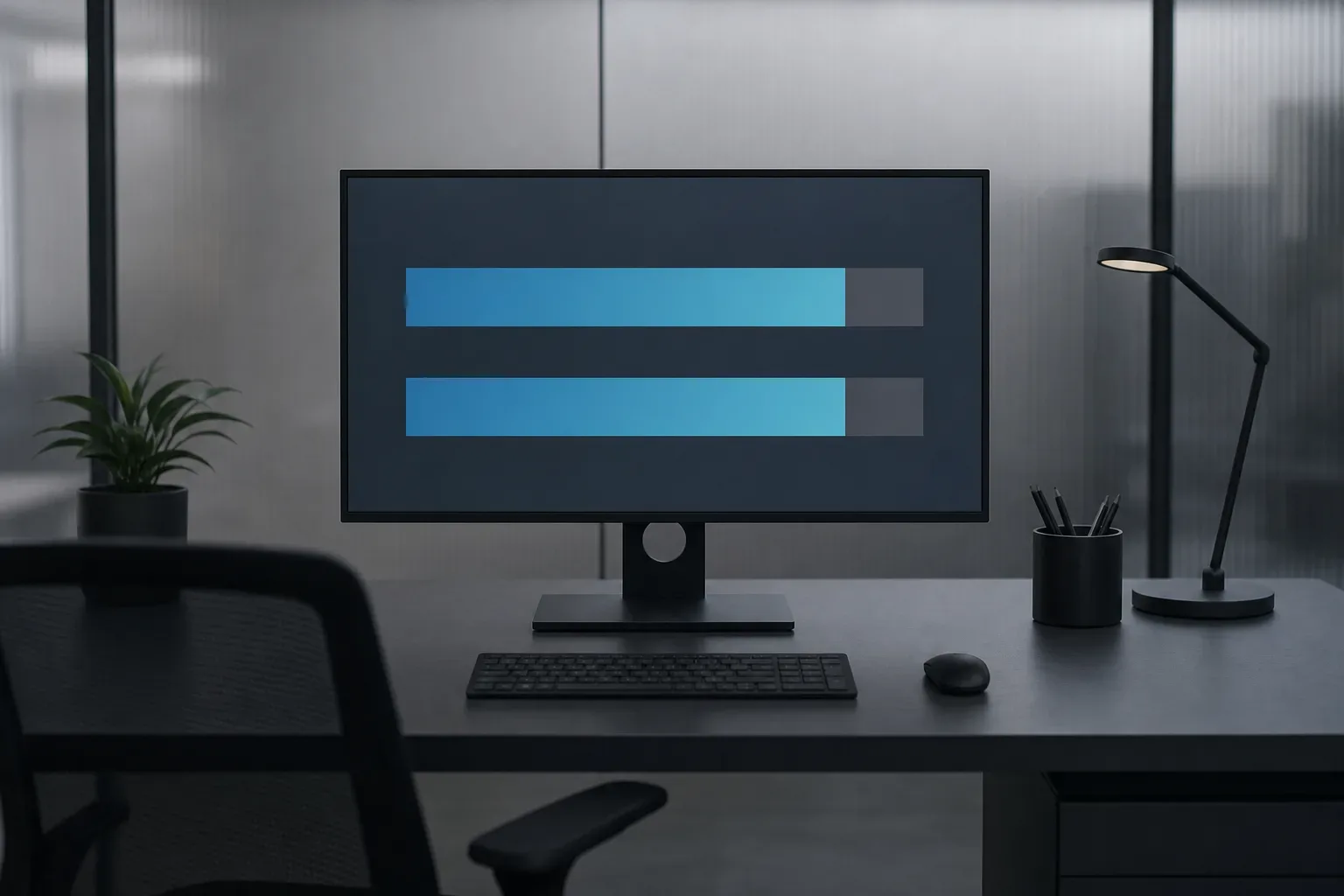 A tidy office desk holds a monitor displaying two horizontal blue progress bars on a dark background, with a keyboard, mouse, lamp and pen pot alongside