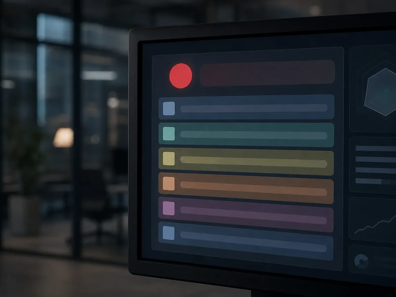 A monitor edge in a dim office interior displays a coloured panel with a red circular indicator at the top and a series of soft colour-coded rows below