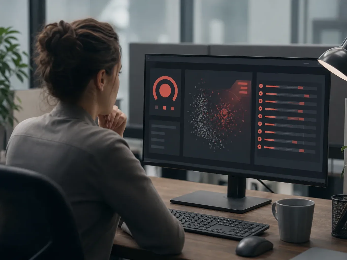 A person sits at a desk in an open-plan office, studying a dark-themed dashboard on a monitor displaying red circular graphics, a scatter plot visualisation, and a series of horizontal bar charts