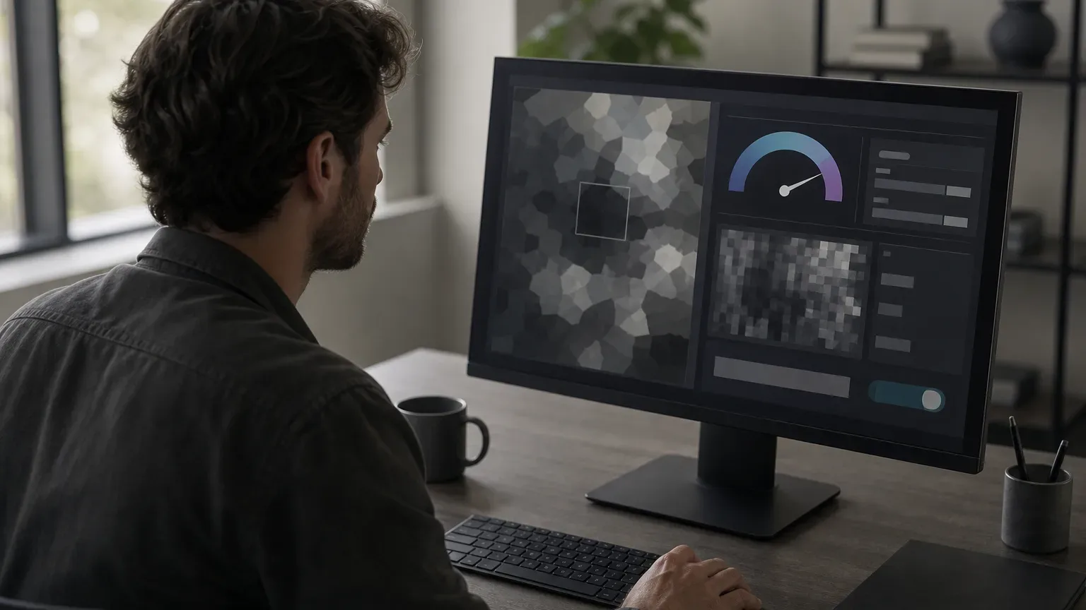 A person sits at a desk in a home office, viewed from behind, looking at a monitor displaying abstract greyscale pattern visuals alongside a gauge graphic and data panels, with a keyboard and coffee mug nearby