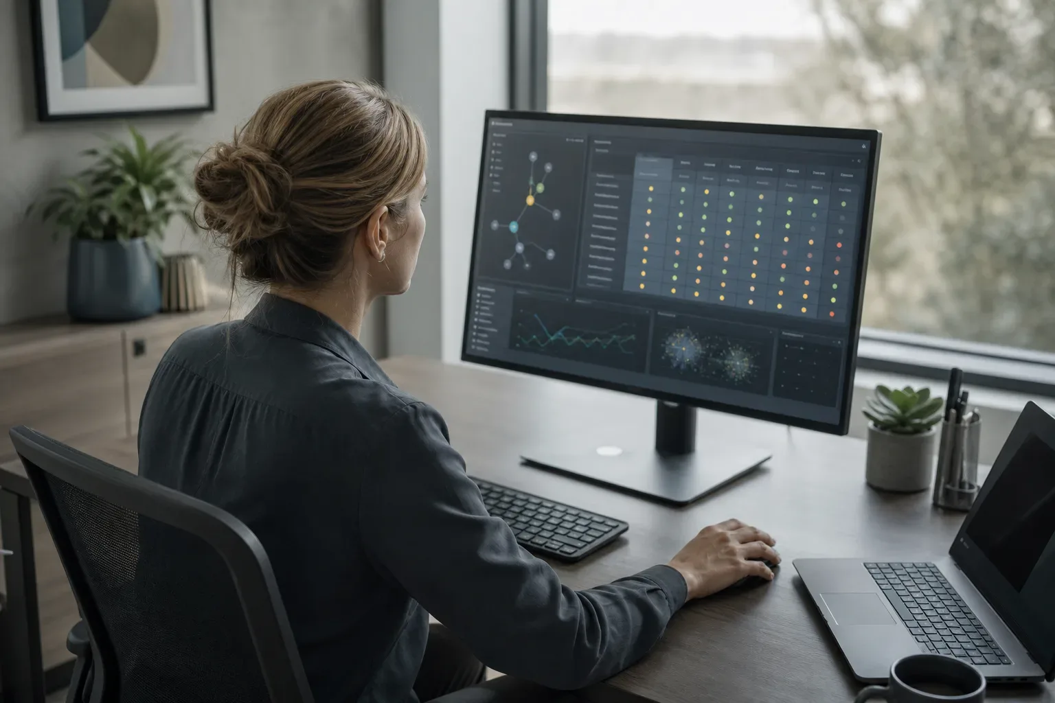 A person sits at a desk facing a large monitor displaying a dark-themed data dashboard with network graphs and colour-coded grid panels, with a laptop open to one side