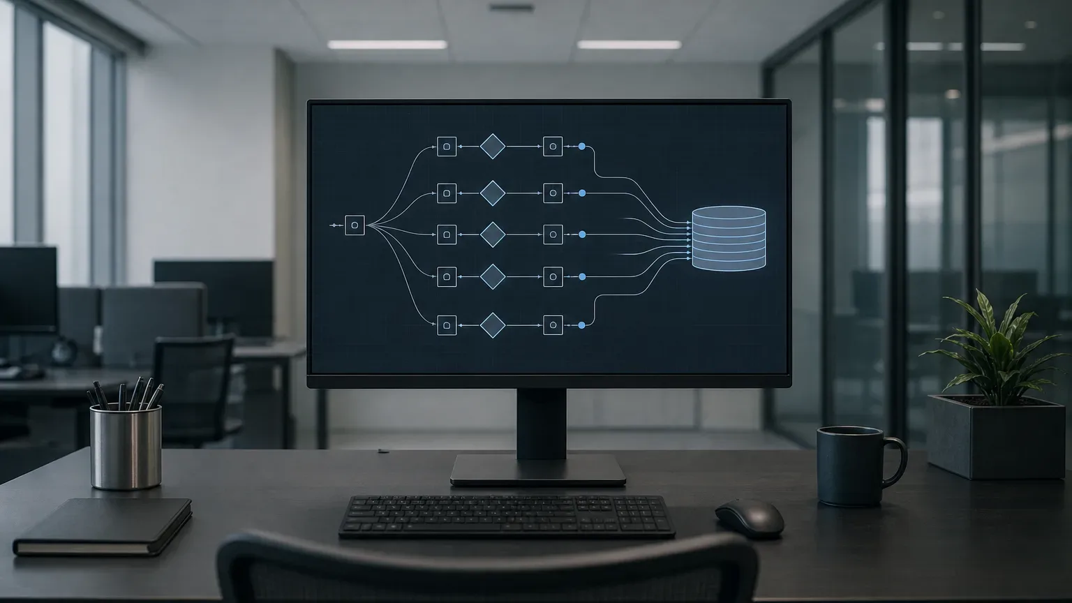 An empty office desk with a monitor displaying a flowchart diagram of connected nodes and decision shapes feeding into a database symbol, beside a keyboard, mouse, pencil holder and mug