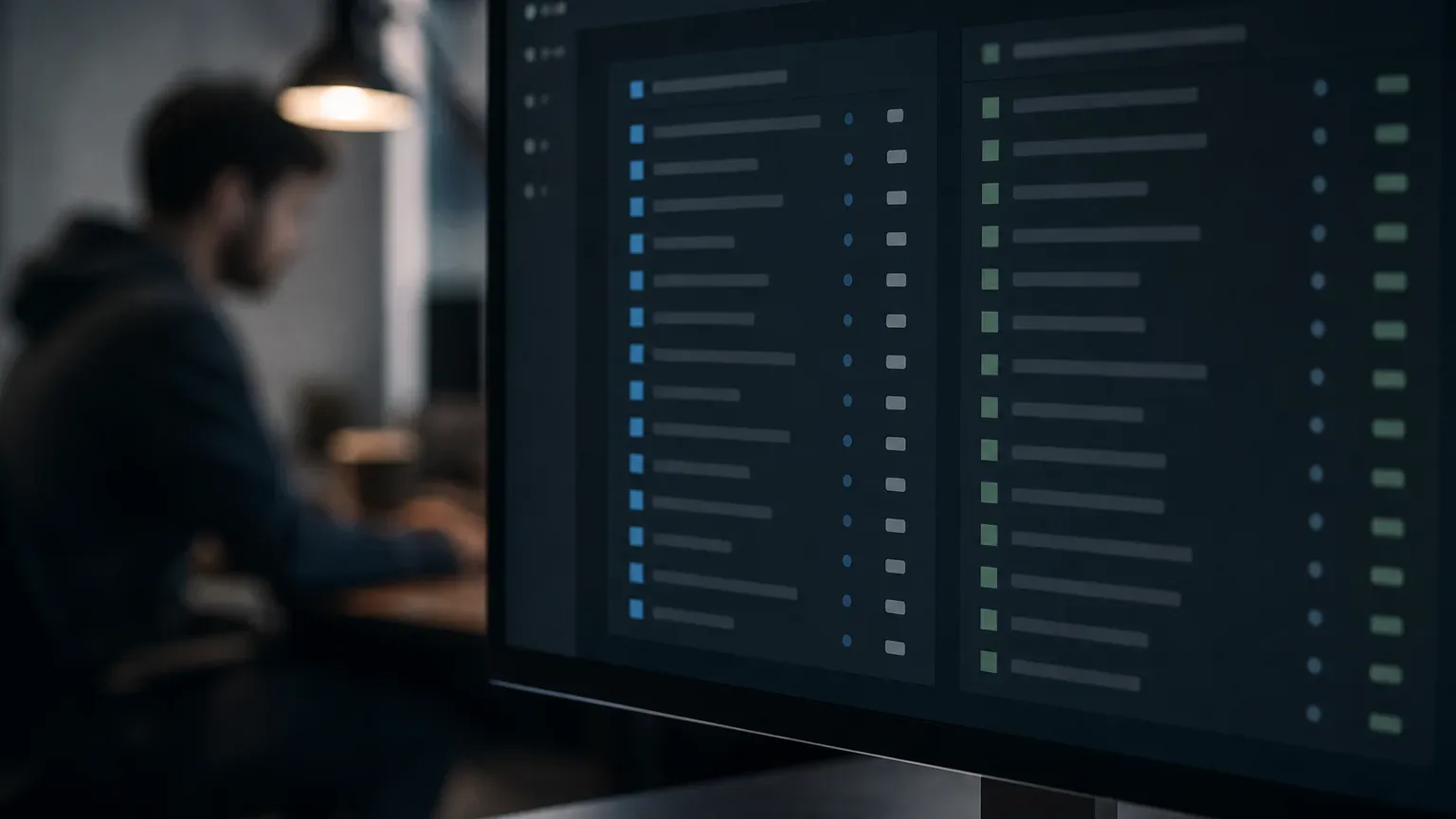 A monitor in sharp focus in the foreground displays a dark-themed interface with two columns of listed items marked with blue and green indicators, while a person works at a desk in the blurred background