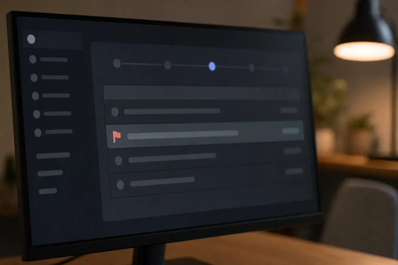 A dark-mode interface on a monitor screen shows a list of rows, one highlighted with a red flag icon at its left, with a progress indicator at the top and warm lamp light in the background