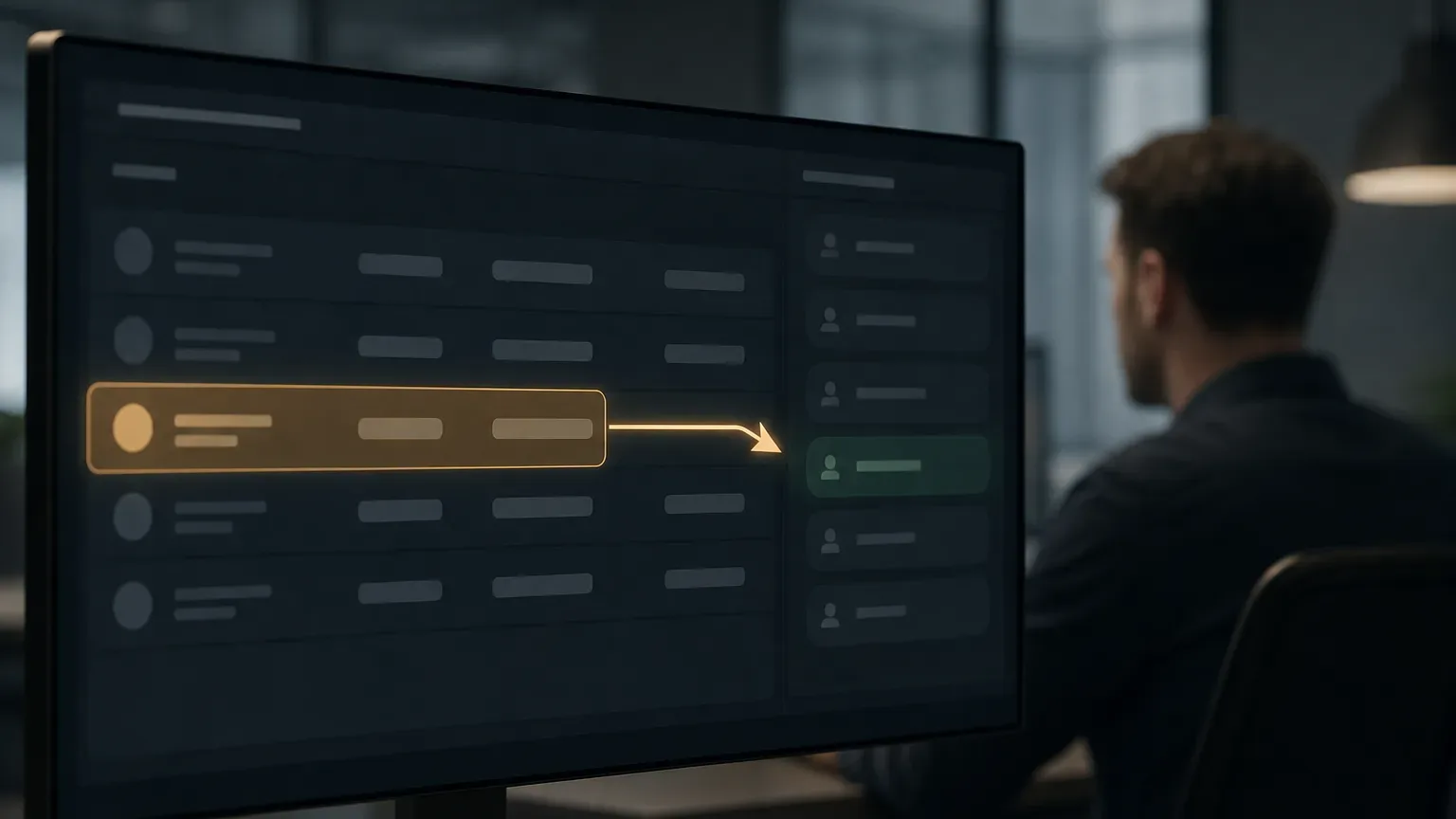 A person sits at a desk in a dim office, viewed from behind, facing a large monitor displaying a dark-themed dashboard interface with a highlighted row and an arrow pointing to a panel