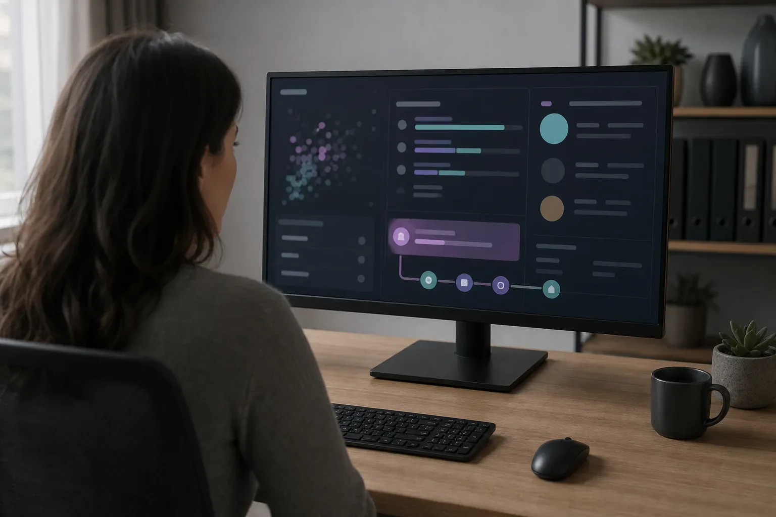 A person sits at a desk in a home office, facing a large monitor displaying a dark-themed dashboard with abstract coloured charts and interface elements