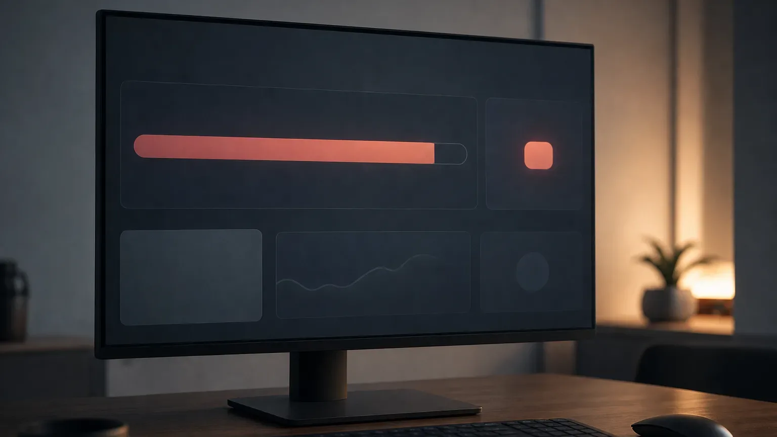A monitor on a desk displays a dark interface with a red progress bar and a small red indicator beside it, lit by warm ambient light from the side
