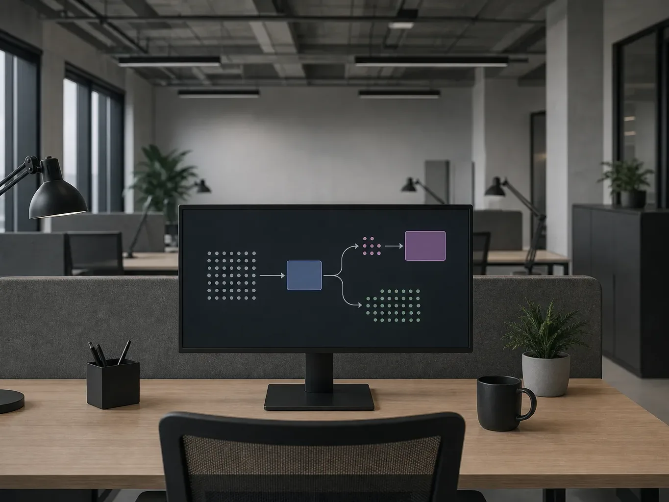 A monitor on a desk in an empty open-plan office displays a pipeline flow diagram with connected coloured blocks, beside a lamp, pencil holder, and coffee mug