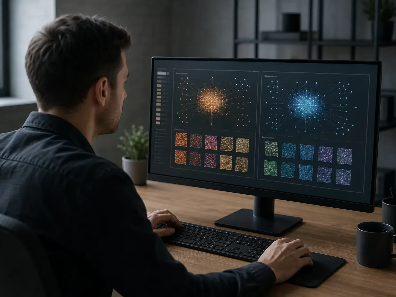 A person sits at a desk working at a widescreen monitor displaying colourful network graph visualisations and grid panels of multicoloured data clusters