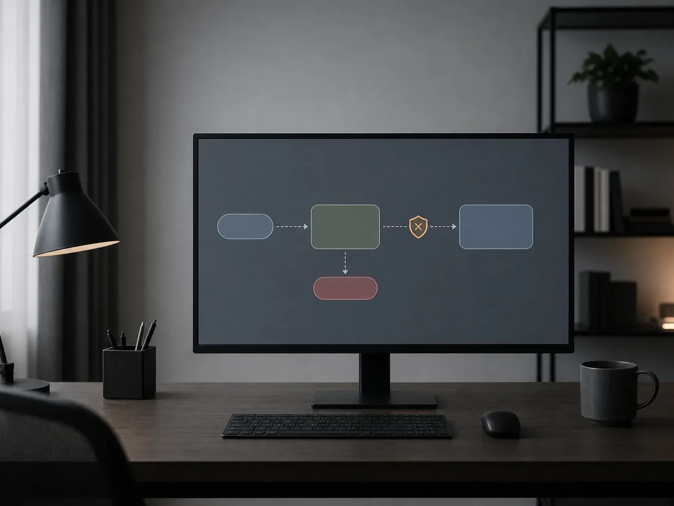 A monitor on a dark desk displays an abstract flow diagram with coloured shapes and a shield icon, beside a lamp, pencil holder and mug