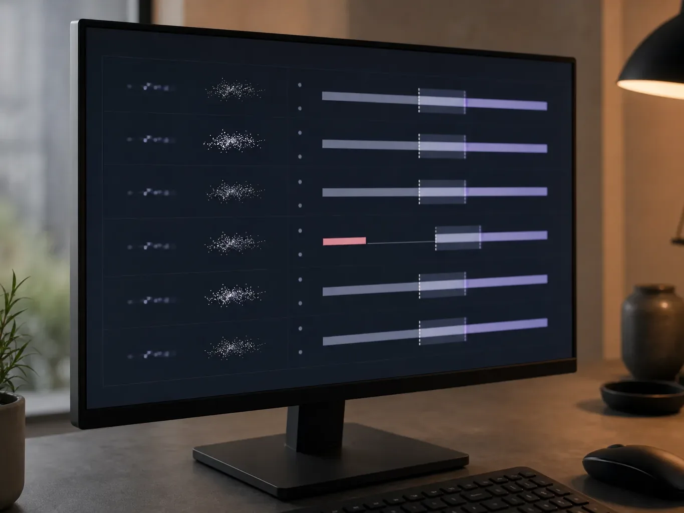 A monitor on a desk displays a dark-themed panel of horizontal bars with one row highlighted in pink, set beside a keyboard, mouse, and lamp