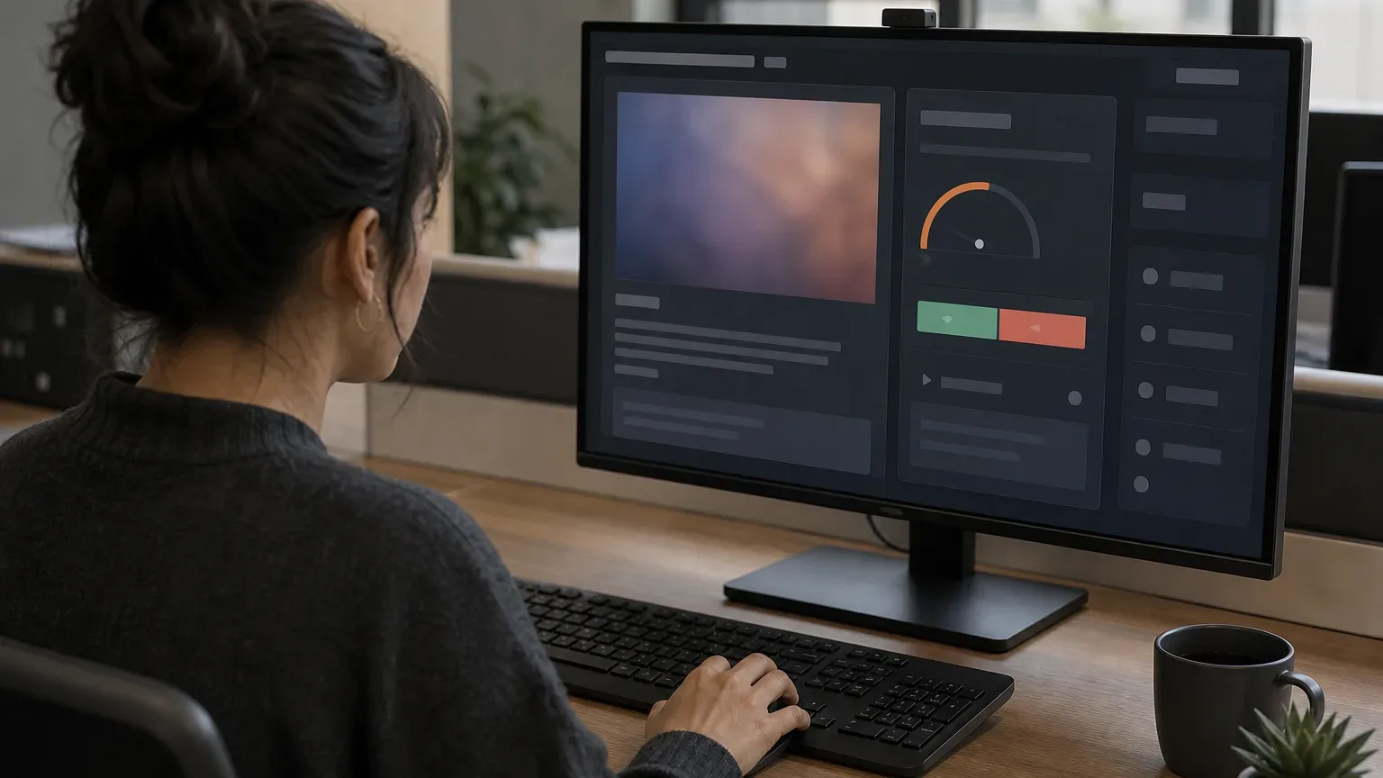 A person sits at a desk working at a large monitor displaying a dark-themed interface with a semicircular gauge graphic and coloured control buttons