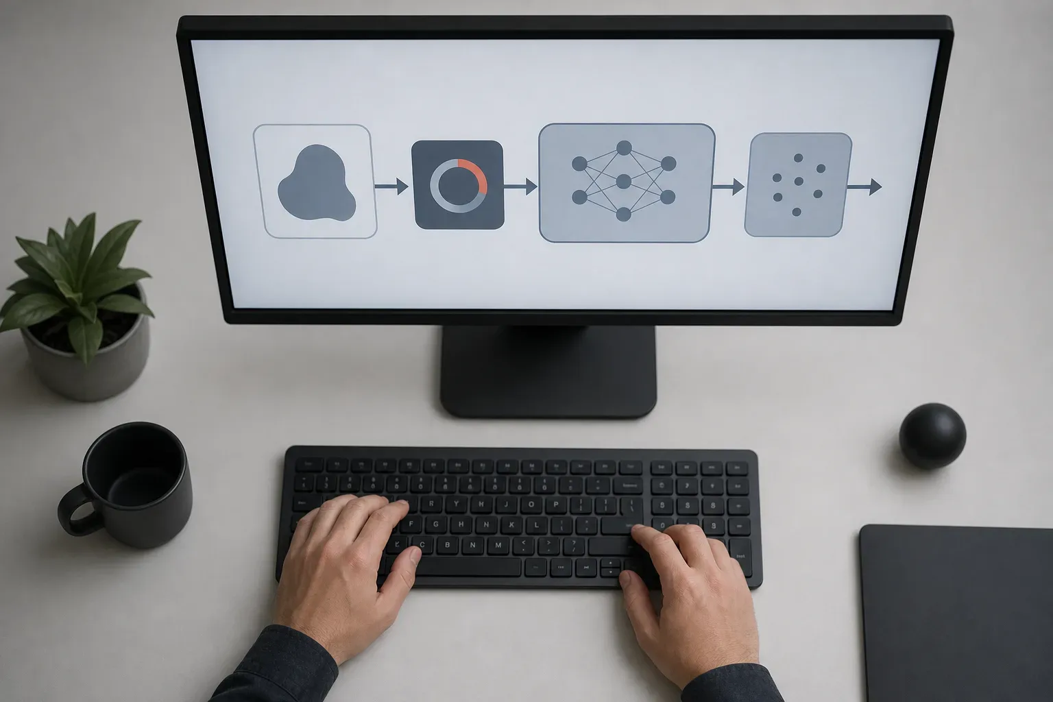 A person types at a keyboard while a monitor above displays a four-stage pipeline diagram with connected icons and arrows