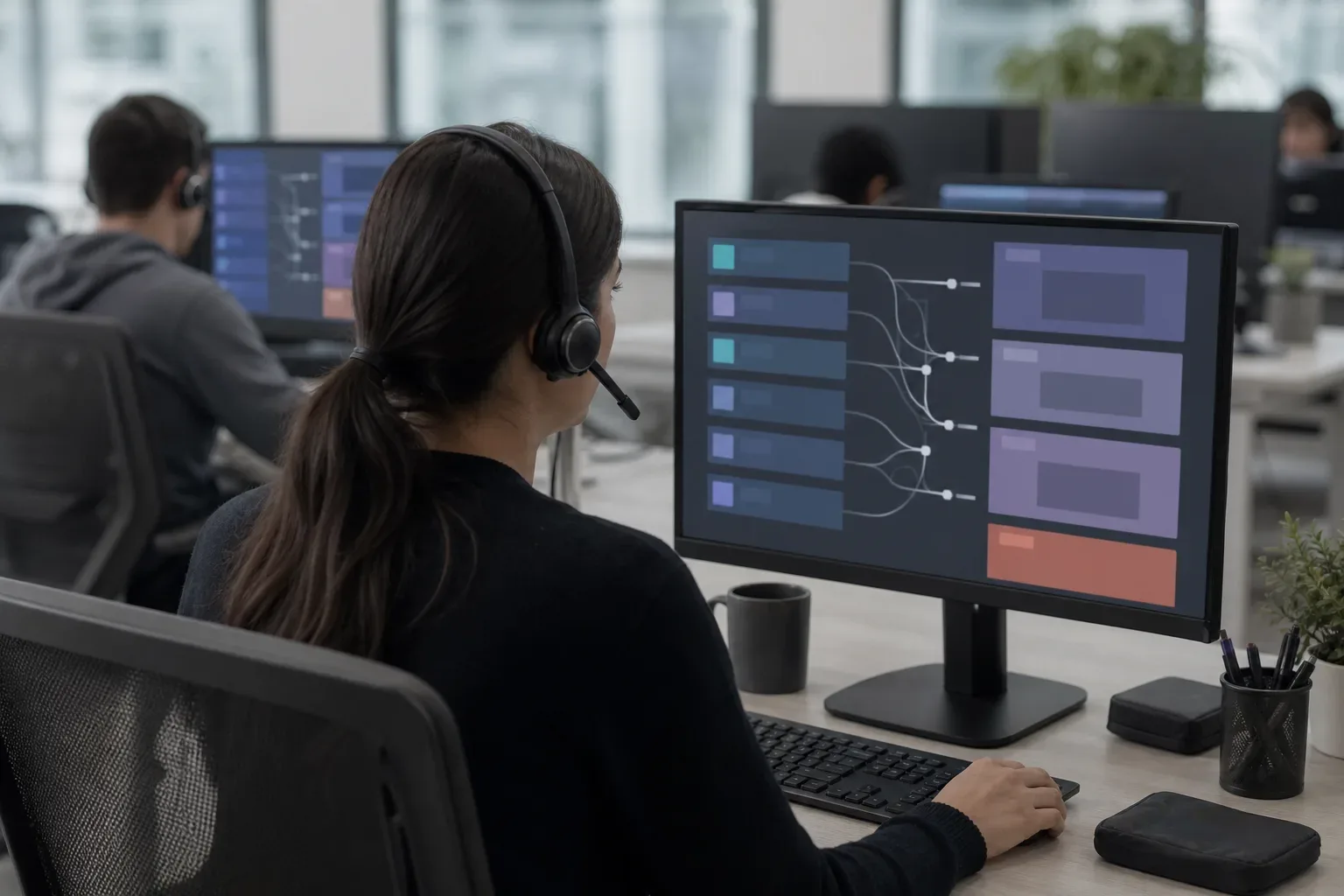 A person wearing a headset sits at a workstation in an open-plan office, facing a monitor displaying a flow diagram with colour-coded blocks connected by routing lines