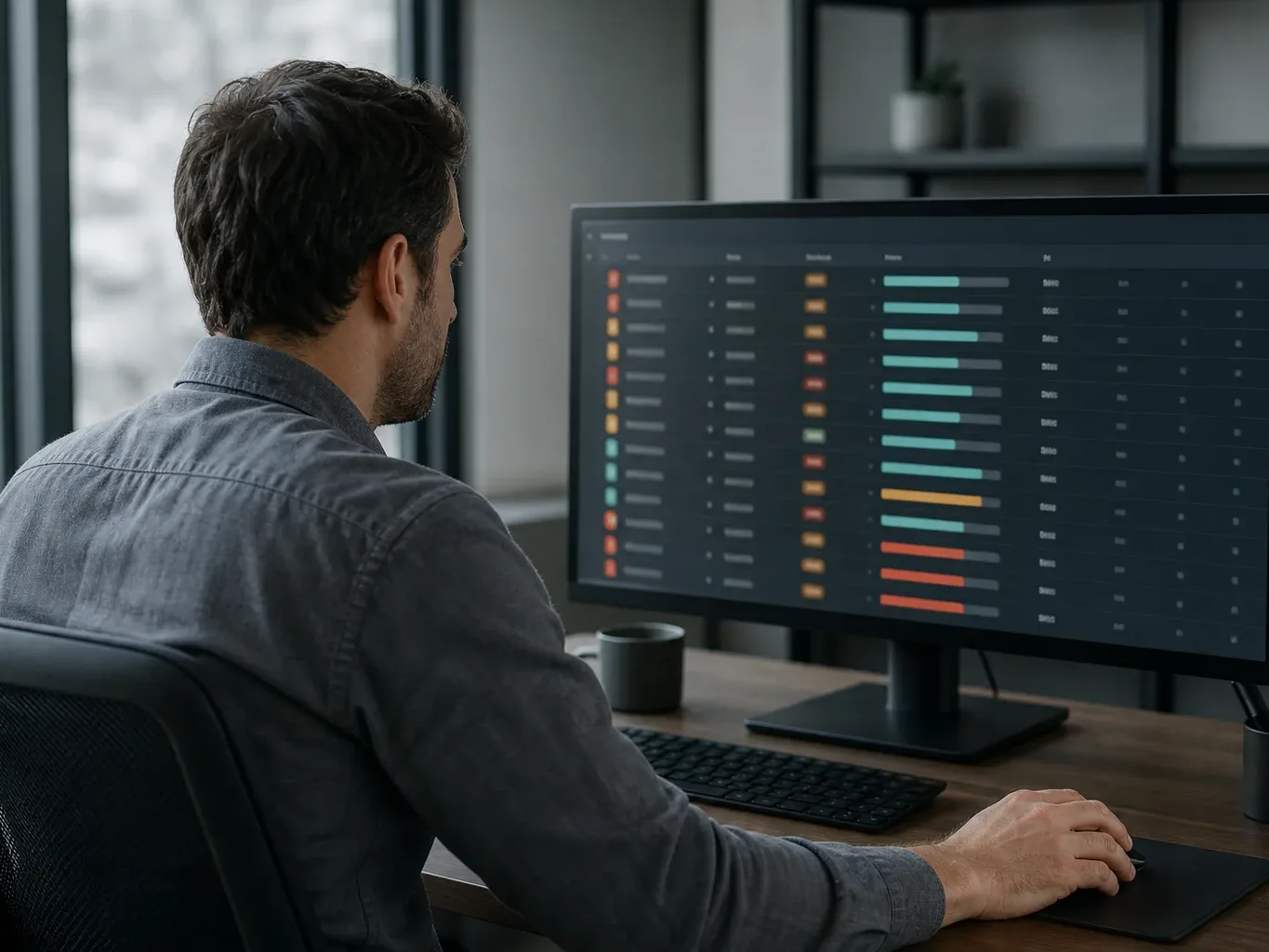 A person sits at a desk in an office, viewed from slightly behind, looking at a large dark-themed monitor displaying a data table with colour-coded rows and horizontal bar charts