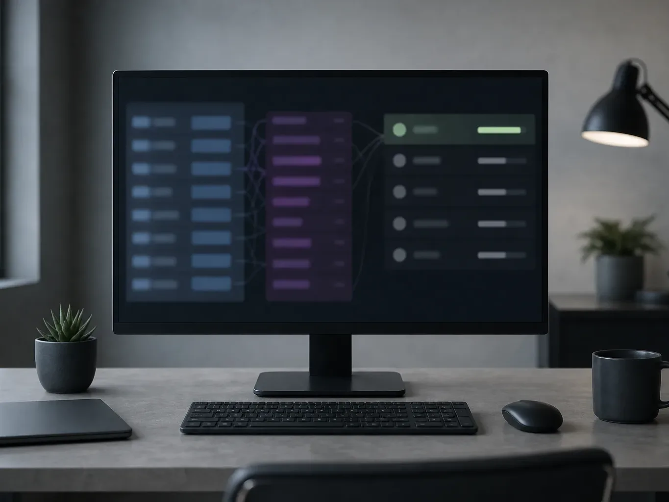 A dark workstation desk with a monitor displaying a blurred multi-column interface with coloured rows, beside a keyboard, mouse, small plant and coffee mug