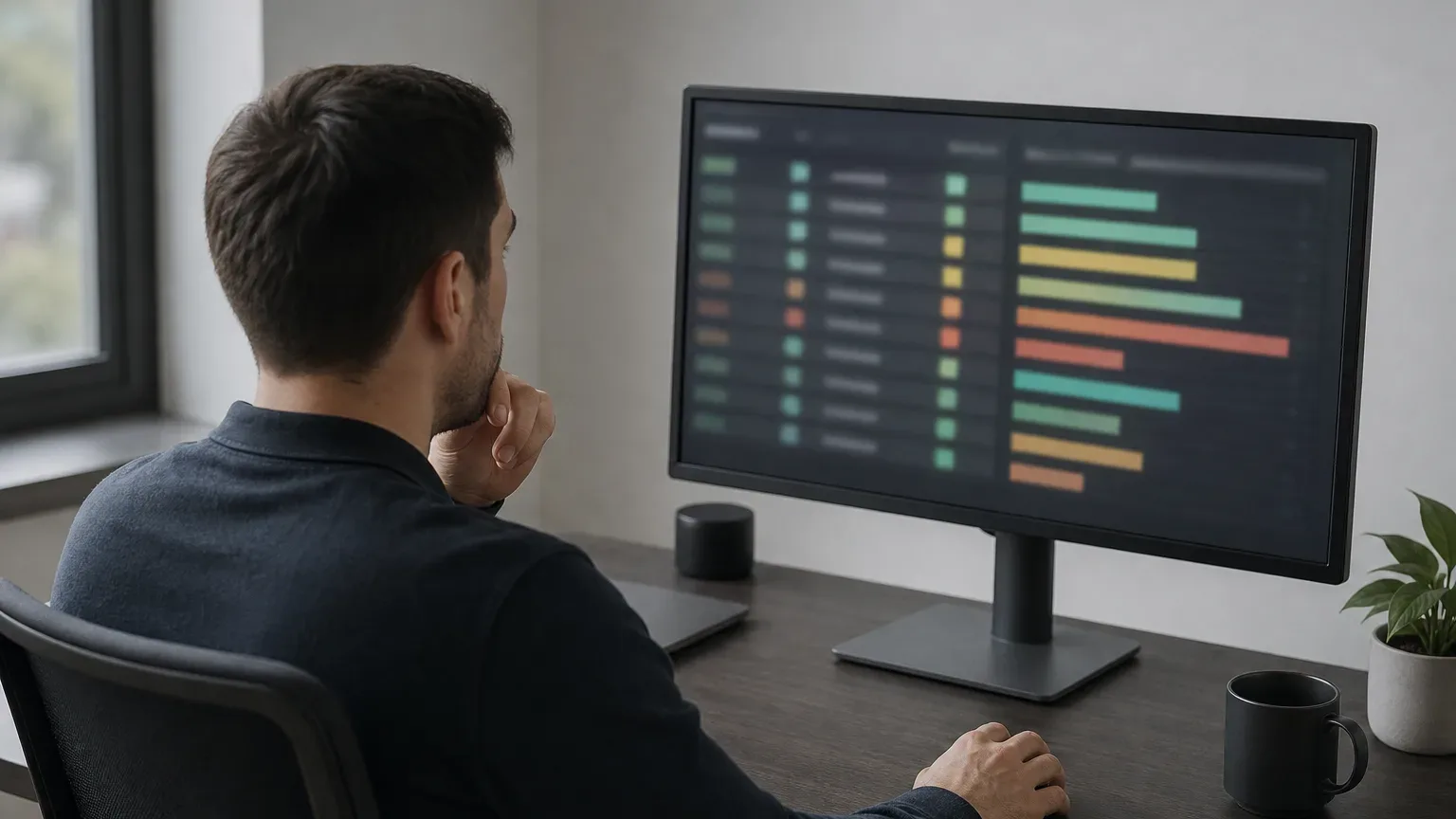 A person sits at a desk in a home office, studying a dark-themed monitor displaying a dashboard of colour-coded horizontal bars