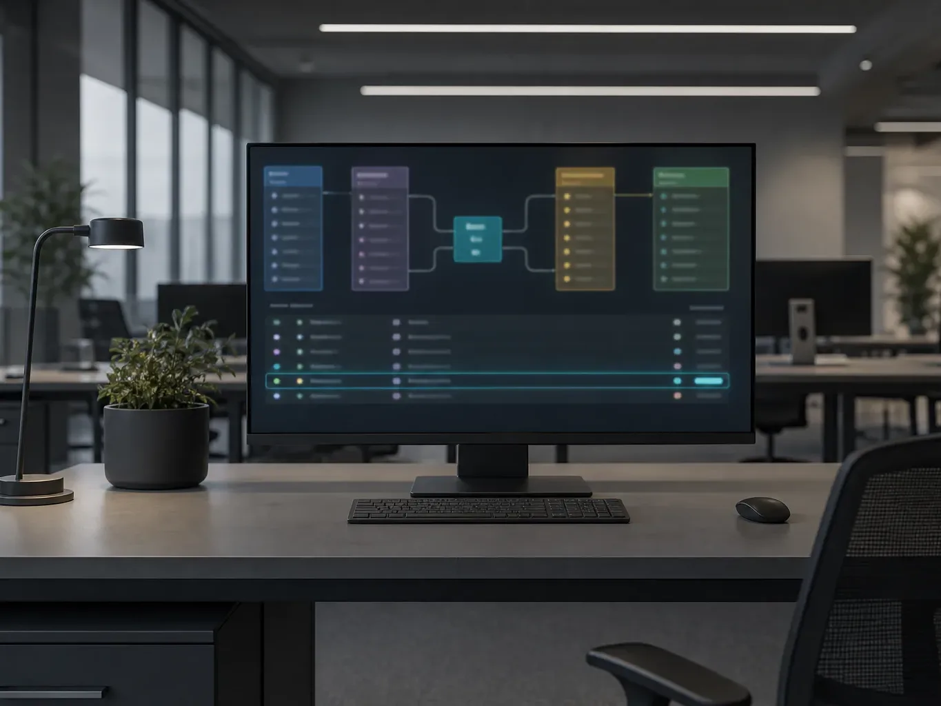 An empty open-plan office desk holds a monitor displaying a colourful node-and-connector diagram on a dark background, with a keyboard, mouse, desk lamp and small potted plant alongside