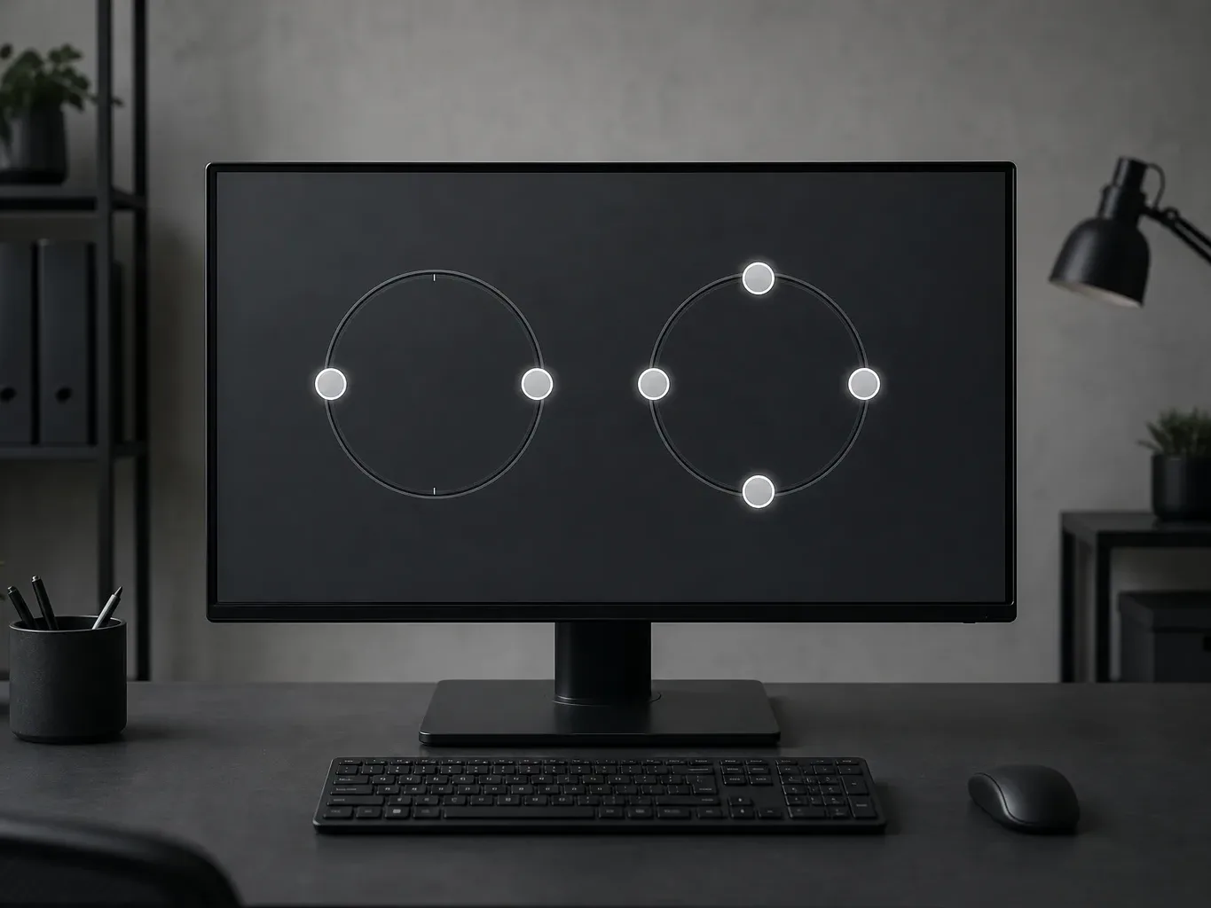 A dark workstation setup with a monitor displaying two circular dial graphics with glowing nodes on a black background, beside a keyboard and mouse
