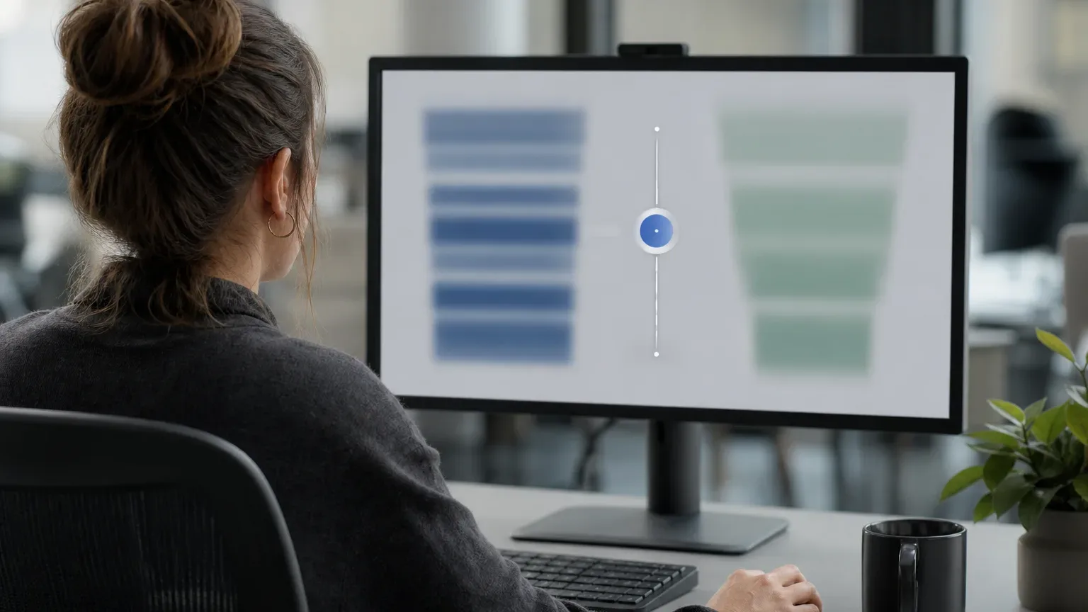 A person seated at a desk in an office works at a monitor displaying an abstract interface with blue and green panels separated by a central slider control