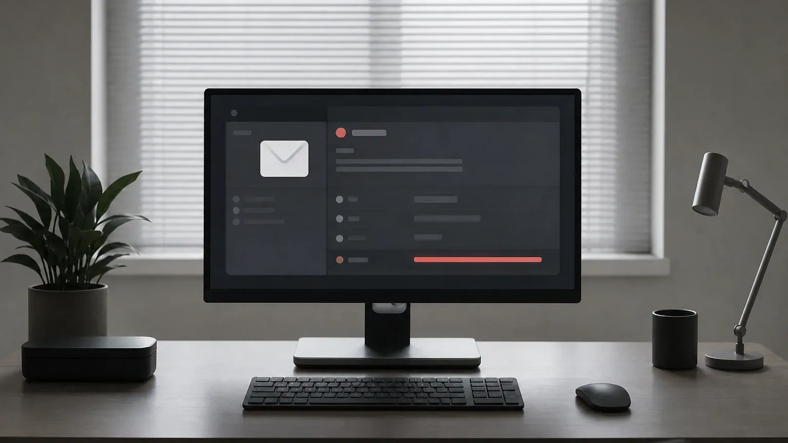A monitor on a tidy desk displays a dark-themed email interface with a red confidence bar, beside a keyboard, mouse, plant and desk lamp